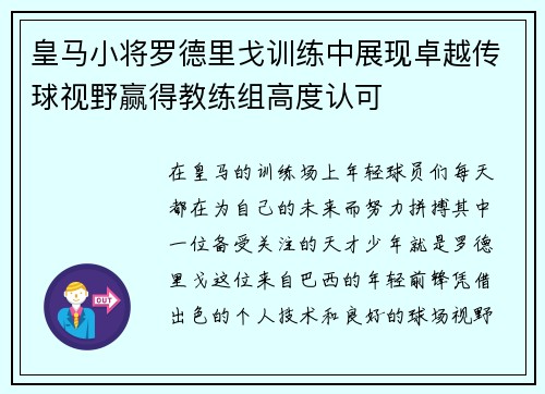 皇马小将罗德里戈训练中展现卓越传球视野赢得教练组高度认可
