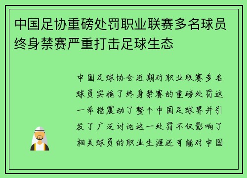 中国足协重磅处罚职业联赛多名球员终身禁赛严重打击足球生态